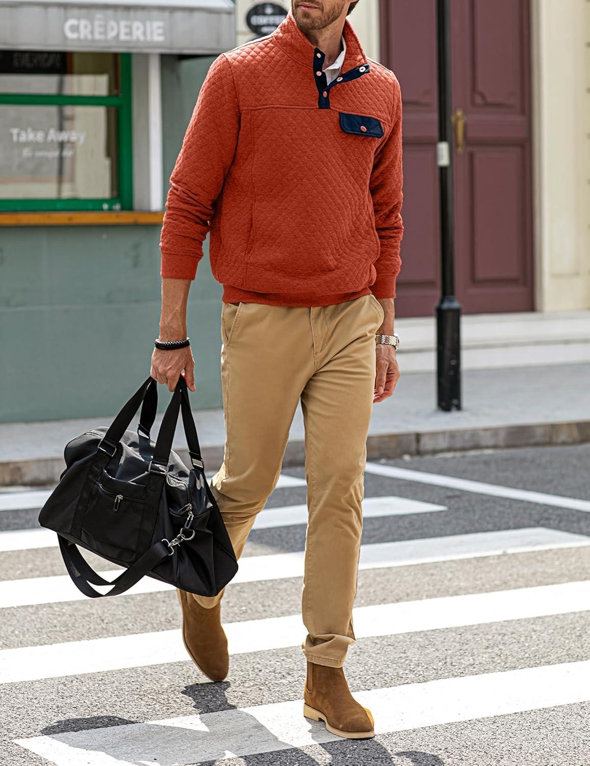 imageJMIERR Mens Quilted Sweatshirt Casual Long Sleeve Outdoor Stand Collar Button Pullover SweatshirtsZ Rusty Orange