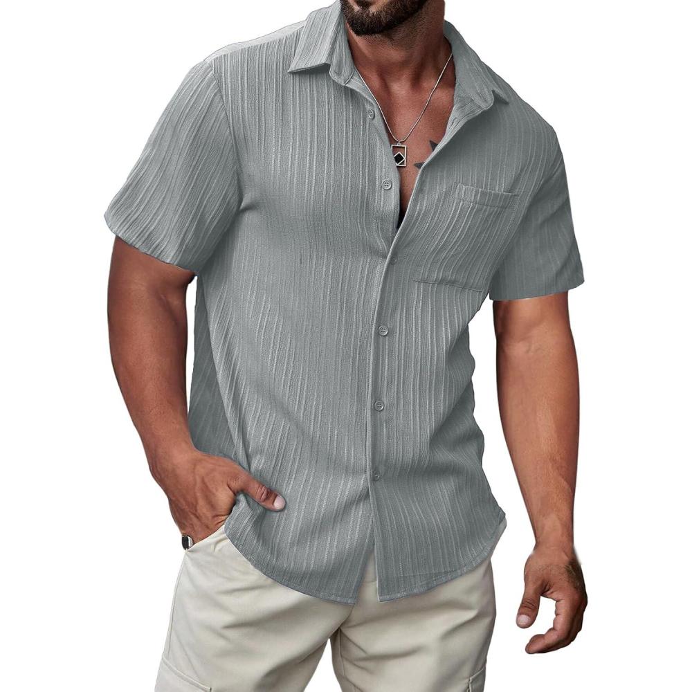imageJMIERR Hawaiian Shirt for Men Button Down Short Sleeve Shirts Textured Casual Summer Beach Linen ShirtsB Grey