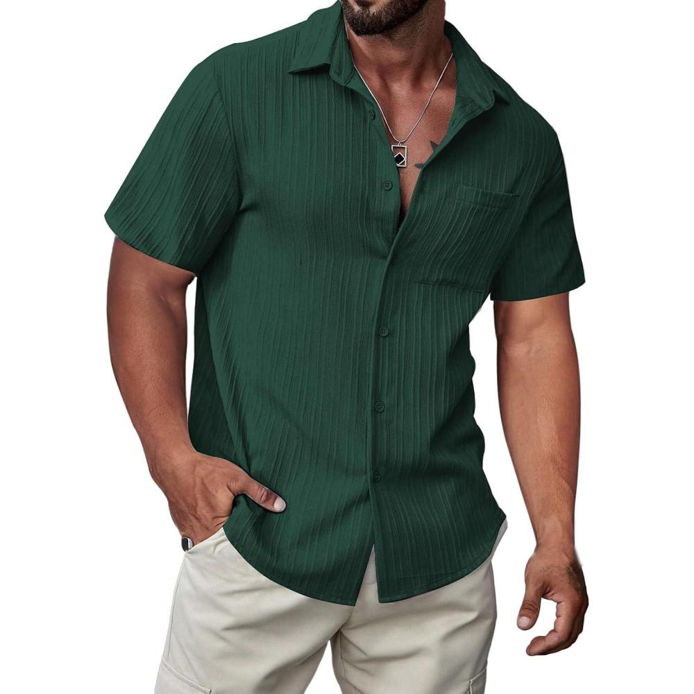 imageJMIERR Hawaiian Shirt for Men Button Down Short Sleeve Shirts Textured Casual Summer Beach Linen ShirtsDark Green