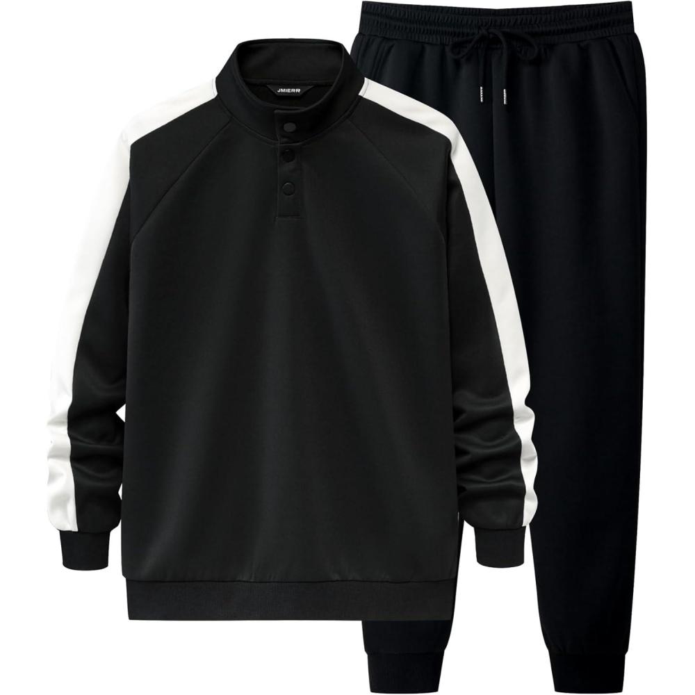 imageJMIERR Mens 2 Piece Casual Outfits Quarter Button Lightweight Sweatshirt Tracksuit ampamp Joggers Sweatpants Sweatsuit SetBlack