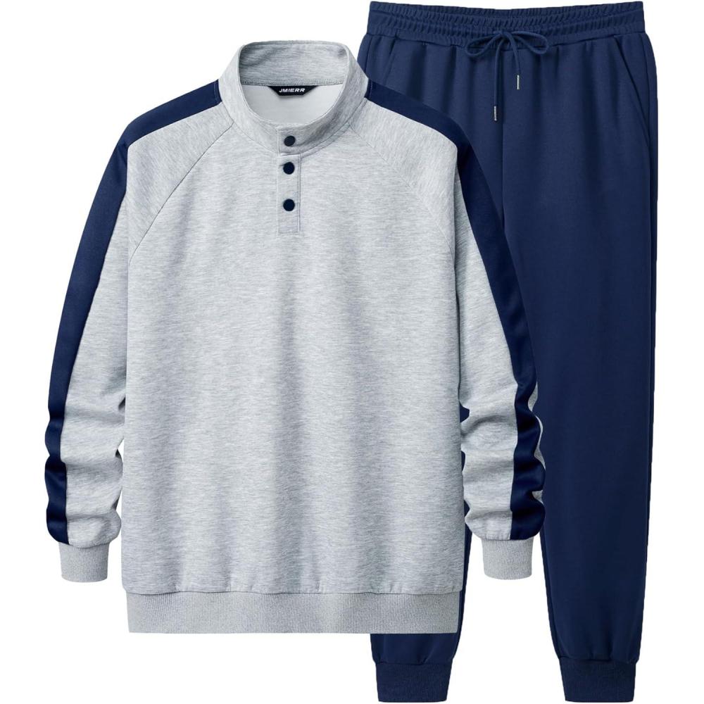 imageJMIERR Mens 2 Piece Casual Outfits Quarter Button Lightweight Sweatshirt Tracksuit ampamp Joggers Sweatpants Sweatsuit SetLight Grey