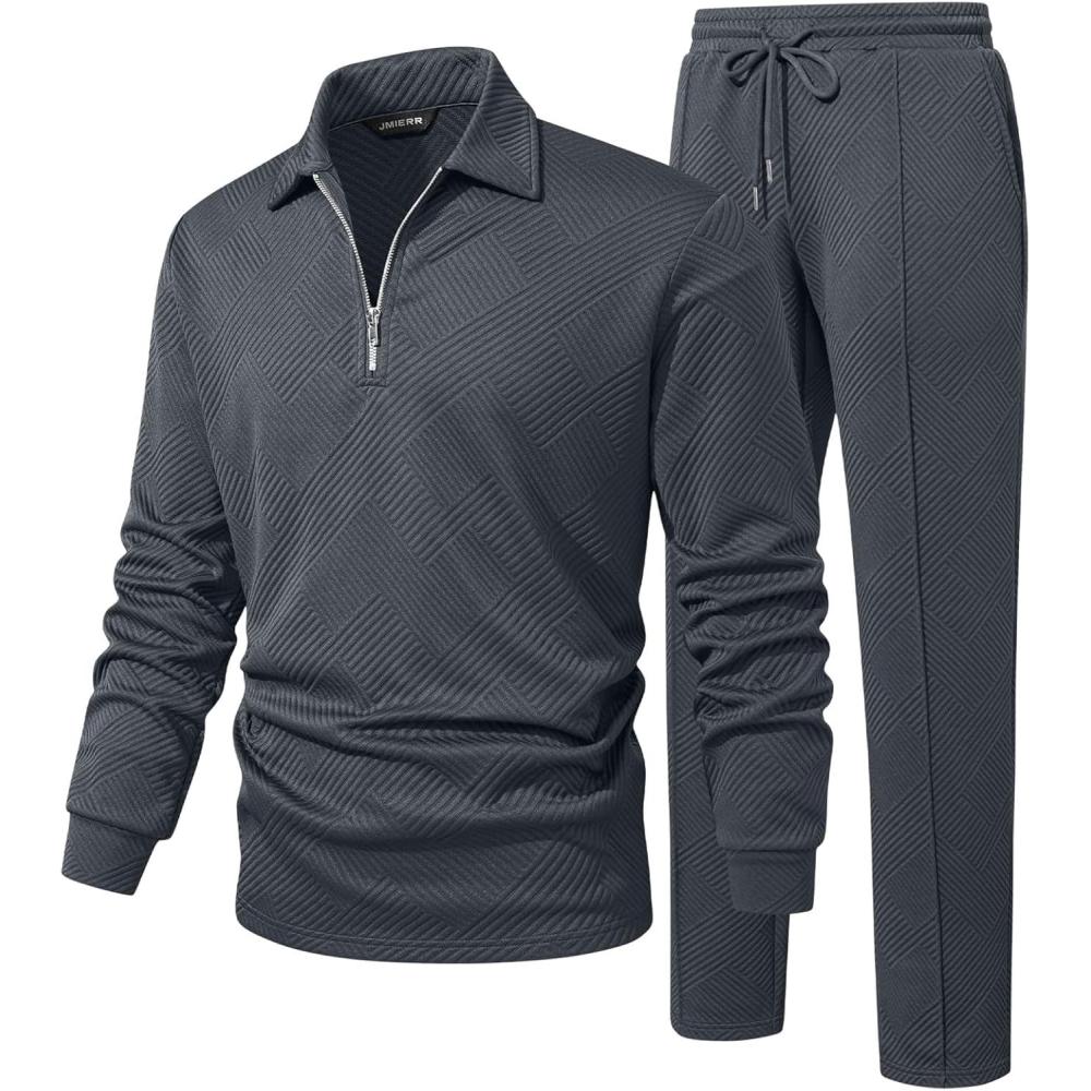 imageJMIERR Mens 2 Piece Outfits Quarter Zipper Polo Shirt Tracksuit ampamp Joggers Sweatpants Sweatsuit Sets JacquardDark Grey