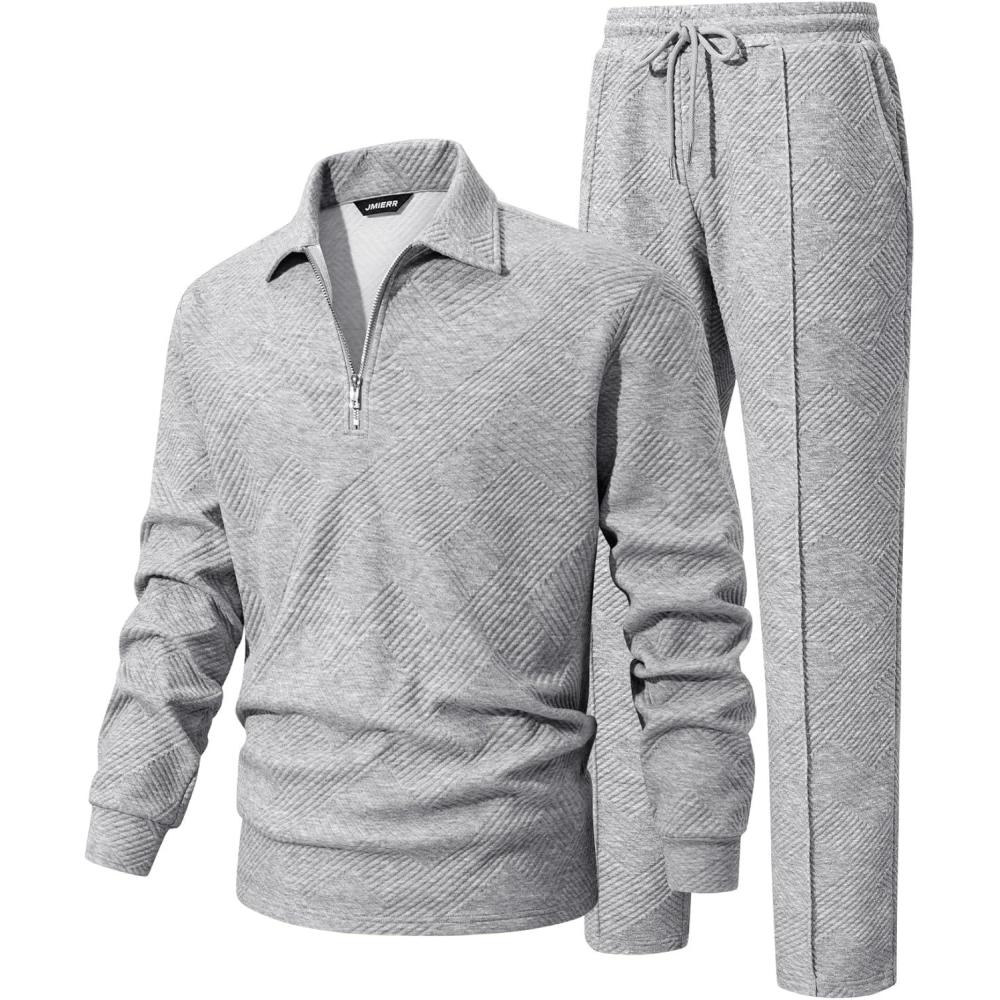 imageJMIERR Mens 2 Piece Outfits Quarter Zipper Polo Shirt Tracksuit ampamp Joggers Sweatpants Sweatsuit Sets JacquardGrey