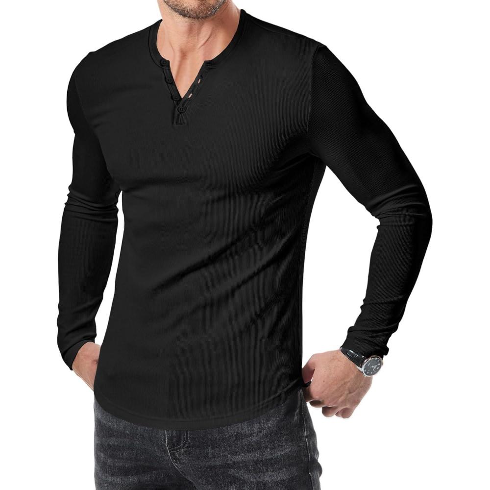 imageJMIERR Mens 2025 Fall Fashion Casual Henley Shirt Long Sleeve Slim Fitted Shirts Curved Hem for Athletic Gym Workout0 Black