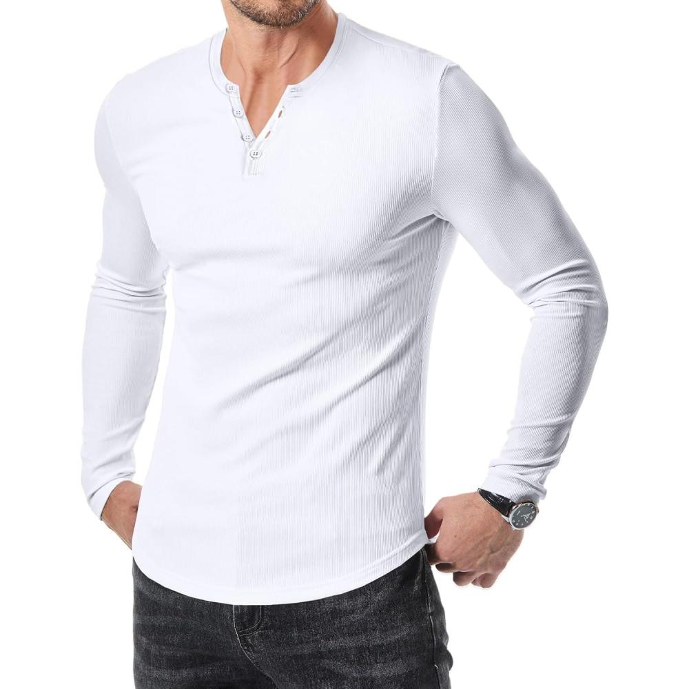 imageJMIERR Mens 2025 Fall Fashion Casual Henley Shirt Long Sleeve Slim Fitted Shirts Curved Hem for Athletic Gym Workout0 White