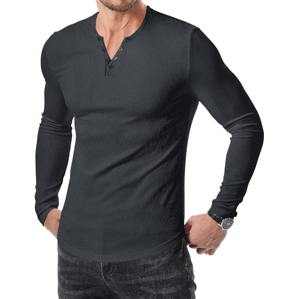 imageJMIERR Mens 2025 Fall Fashion Casual Henley Shirt Long Sleeve Slim Fitted Shirts Curved Hem for Athletic Gym WorkoutB Grey