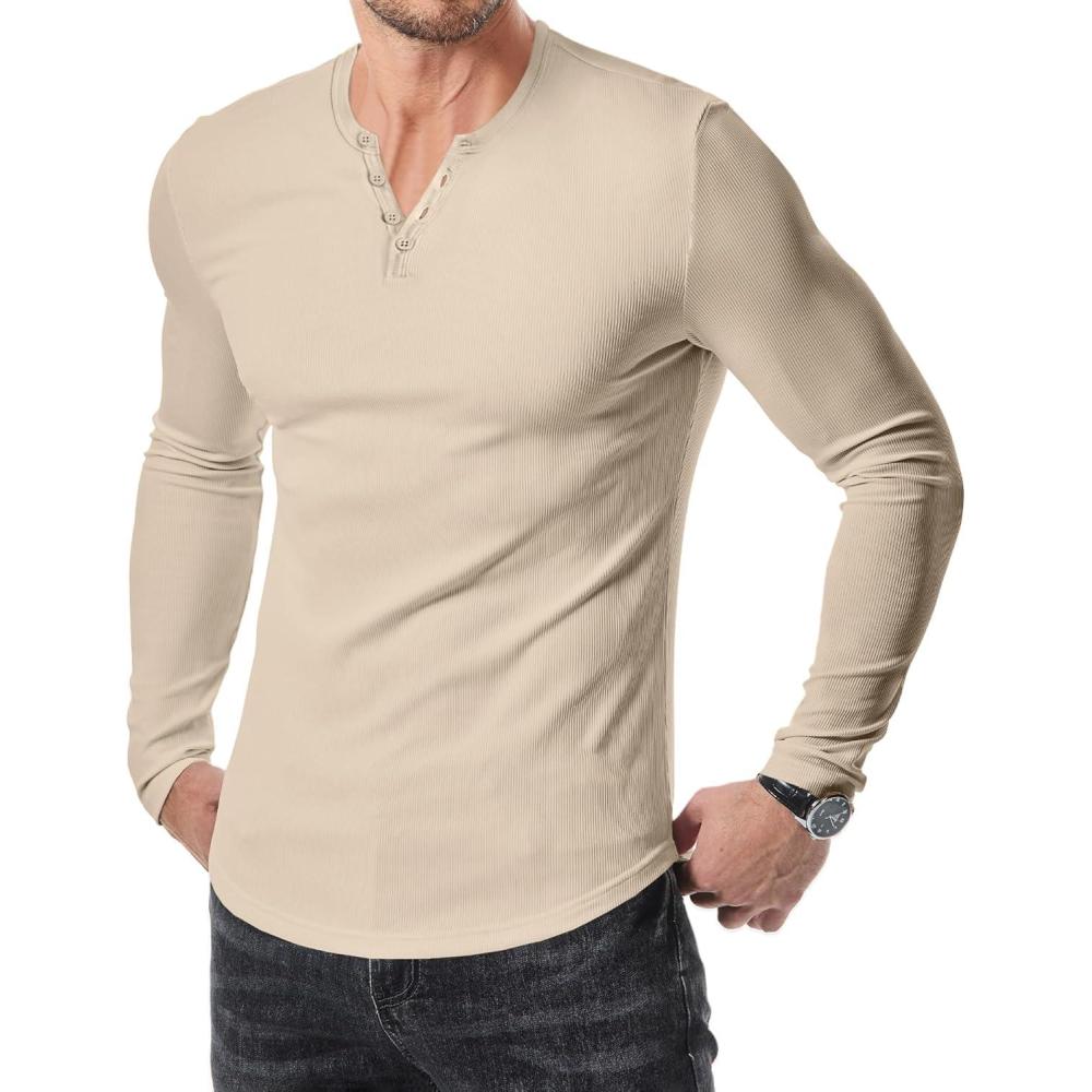 imageJMIERR Mens 2025 Fall Fashion Casual Henley Shirt Long Sleeve Slim Fitted Shirts Curved Hem for Athletic Gym WorkoutC Beige