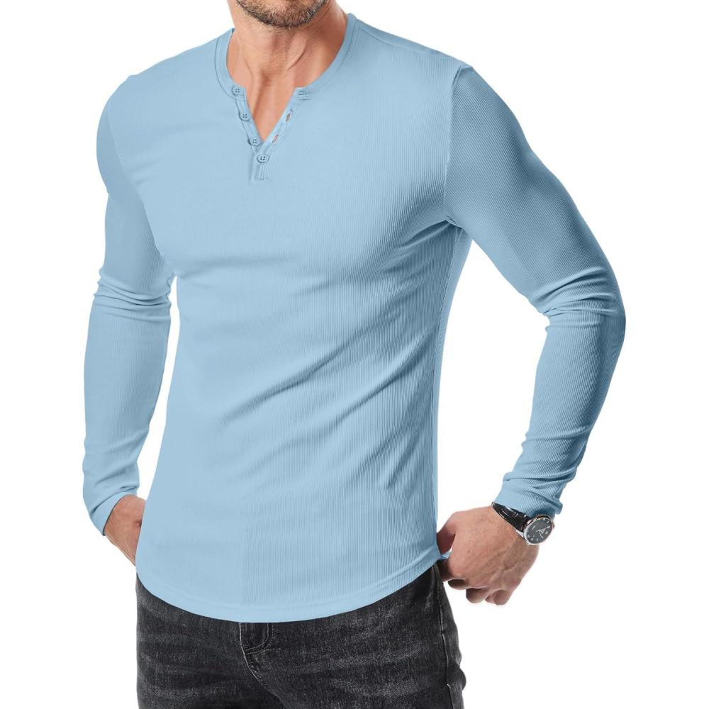 imageJMIERR Mens 2025 Fall Fashion Casual Henley Shirt Long Sleeve Slim Fitted Shirts Curved Hem for Athletic Gym WorkoutD Blue 2