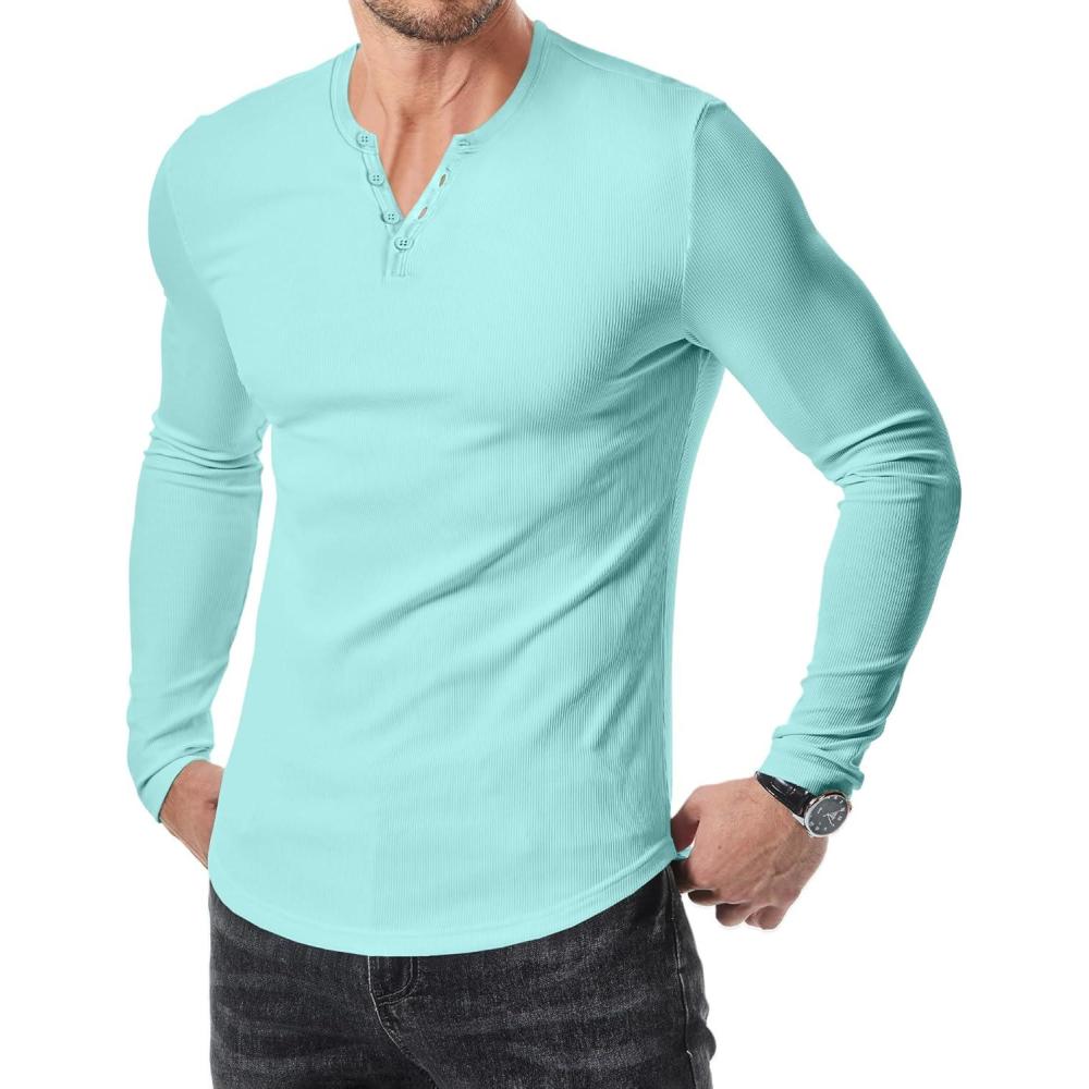imageJMIERR Mens 2025 Fall Fashion Casual Henley Shirt Long Sleeve Slim Fitted Shirts Curved Hem for Athletic Gym WorkoutD Blue 4