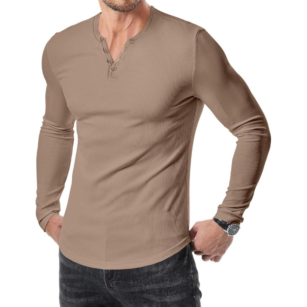 imageJMIERR Mens 2025 Fall Fashion Casual Henley Shirt Long Sleeve Slim Fitted Shirts Curved Hem for Athletic Gym WorkoutD Brown