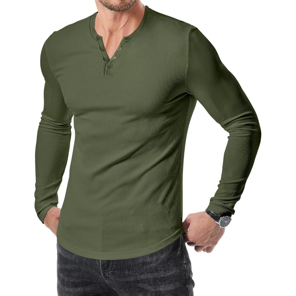 imageJMIERR Mens 2025 Fall Fashion Casual Henley Shirt Long Sleeve Slim Fitted Shirts Curved Hem for Athletic Gym WorkoutD Green