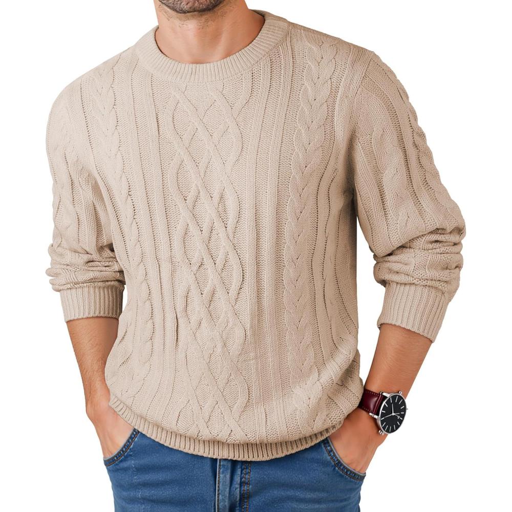 imageJMIERR Mens Cable Knit Pullover Fisherman Sweaters Casual Long Sleeve Crewneck Knitted Chunky SweaterBeige
