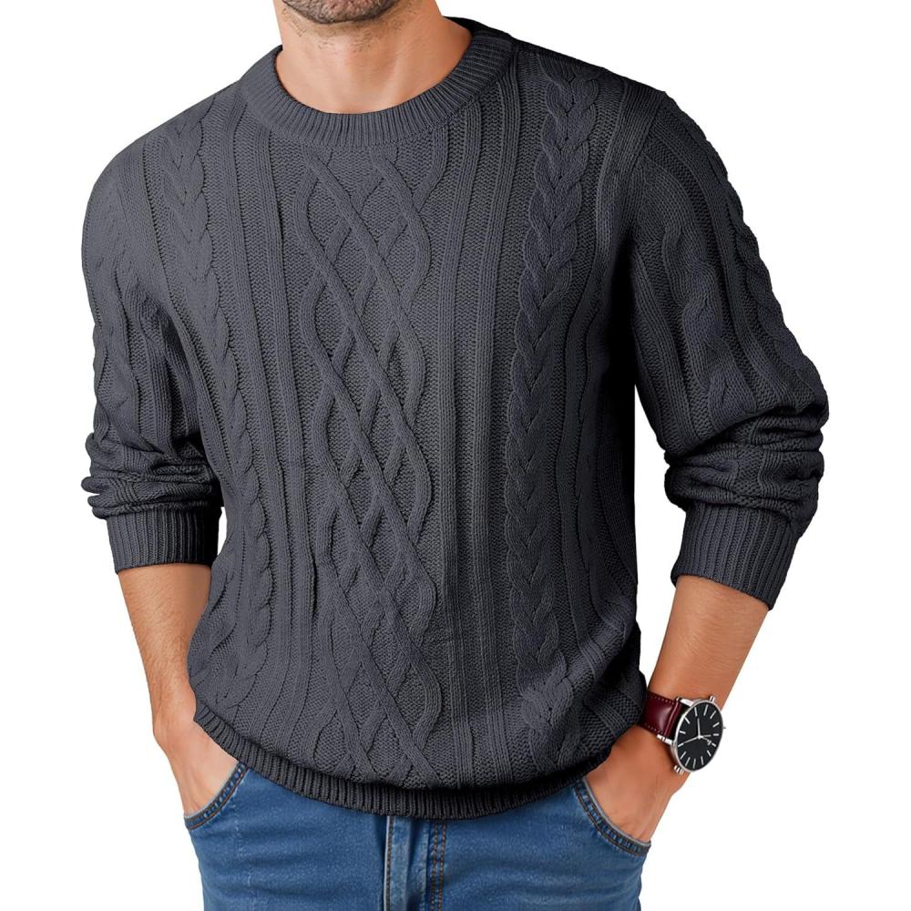imageJMIERR Mens Cable Knit Pullover Fisherman Sweaters Casual Long Sleeve Crewneck Knitted Chunky SweaterDark Grey