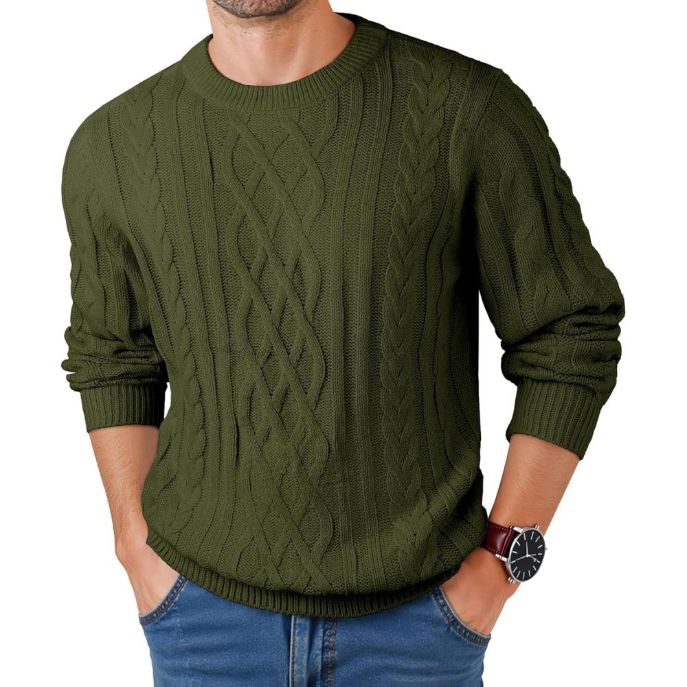 imageJMIERR Mens Cable Knit Pullover Fisherman Sweaters Casual Long Sleeve Crewneck Knitted Chunky SweaterGreen