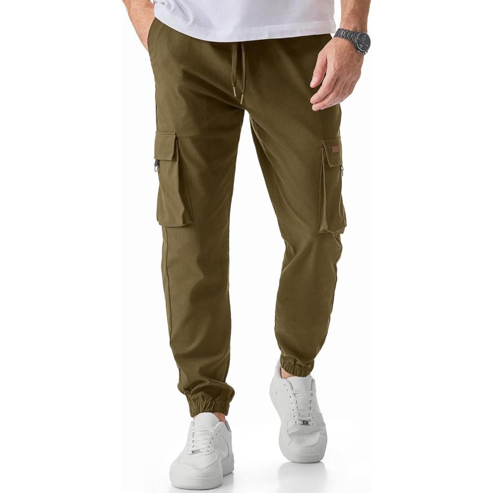 imageJMIERR Mens Cargo Pants Casual Lightweight Elastic Waist Drawstring Tapered Pant with PocketsBrown