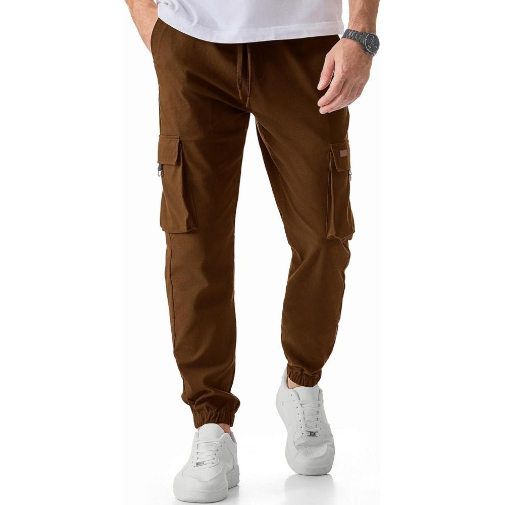 imageJMIERR Mens Cargo Pants Casual Lightweight Elastic Waist Drawstring Tapered Pant with PocketsCoffee