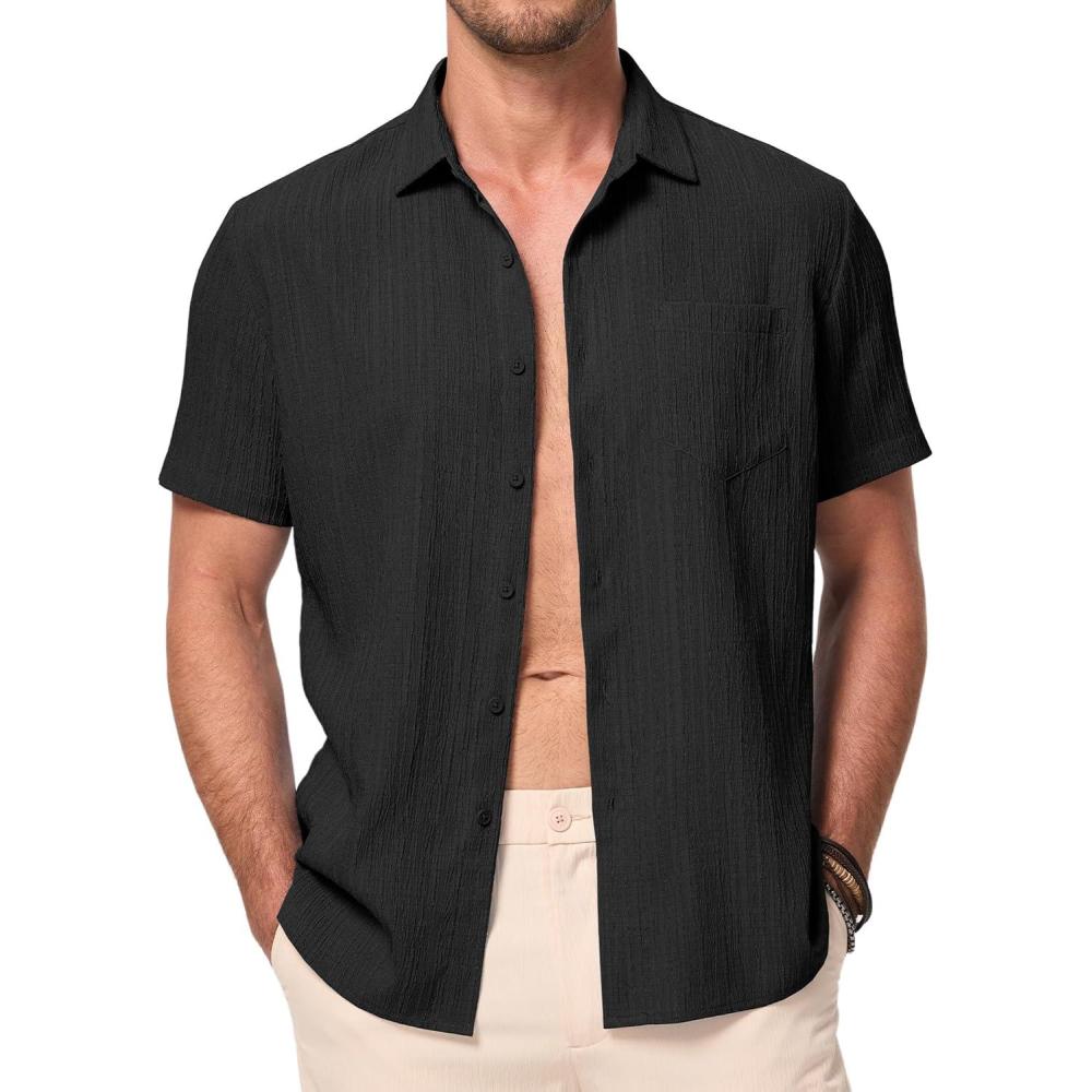 imageJMIERR Mens Casual Button Down Shirt Short Sleeve Summer Beach Vacation Shirts Textured Shirts with PocketBlack