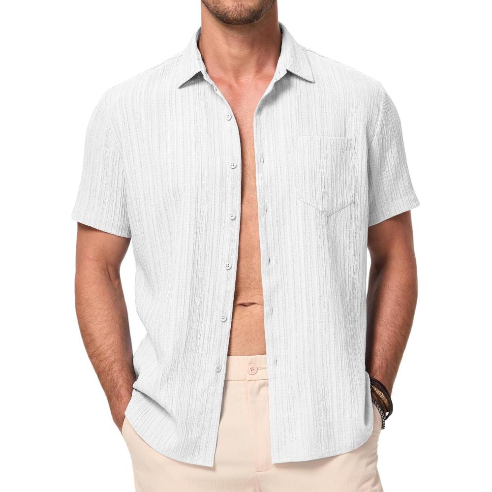 imageJMIERR Mens Casual Button Down Shirt Short Sleeve Summer Beach Vacation Shirts Textured Shirts with PocketWhite