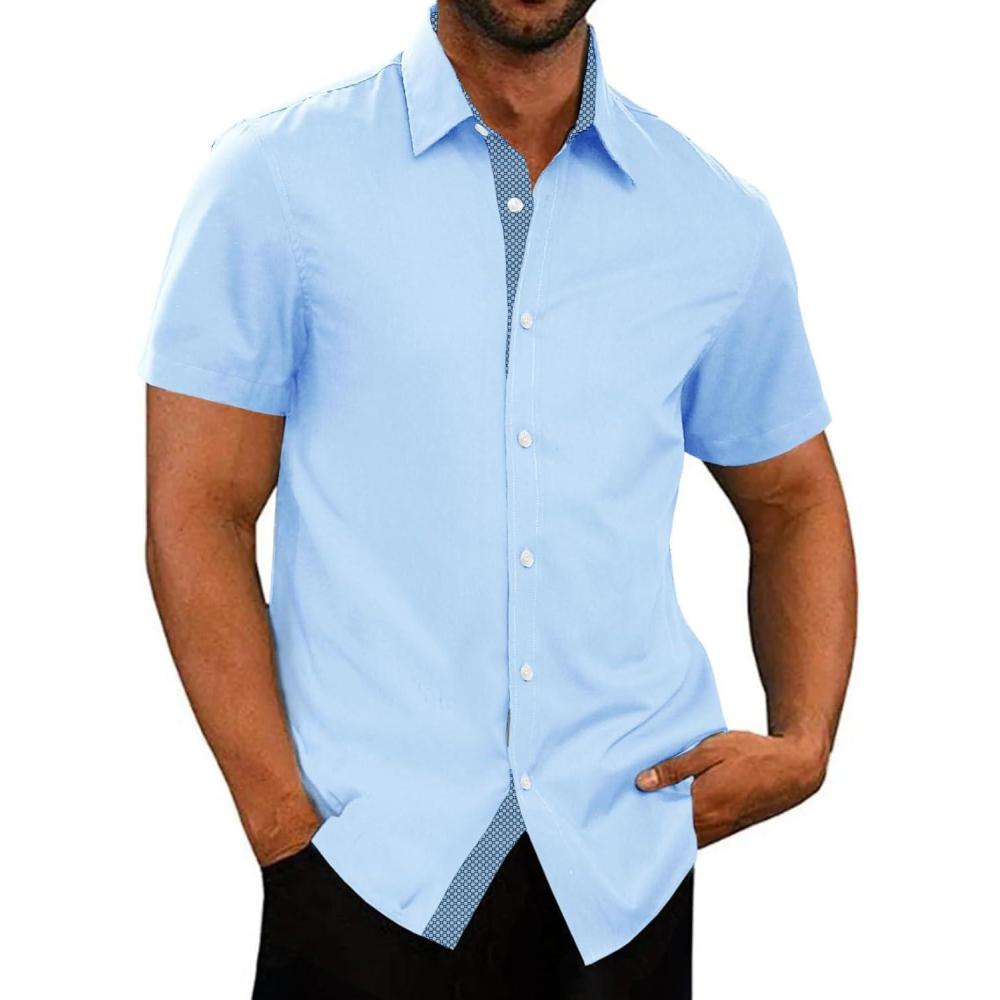 imageJMIERR Mens Casual Button Down Shirts WrinkleFree Short Sleeve Business Dress ShirtA Sky Blue2
