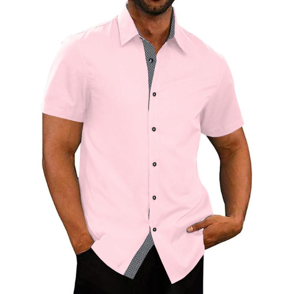 imageJMIERR Mens Casual Button Down Shirts WrinkleFree Short Sleeve Business Dress ShirtB Pink2