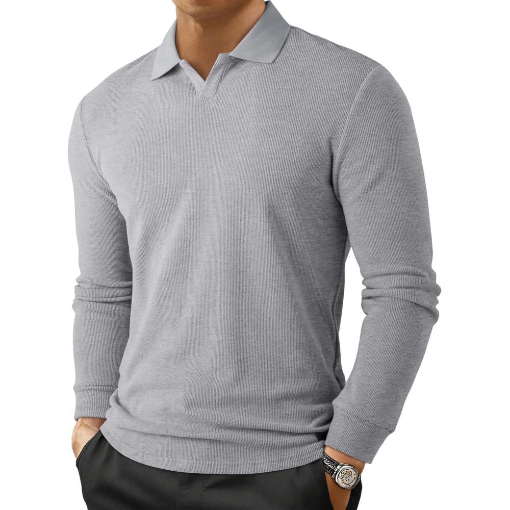 imageJMIERR Mens Casual Buttonless Polo Shirt Long Sleeve V Neck Ribbed Knit Golf ShirtsA Light Grey