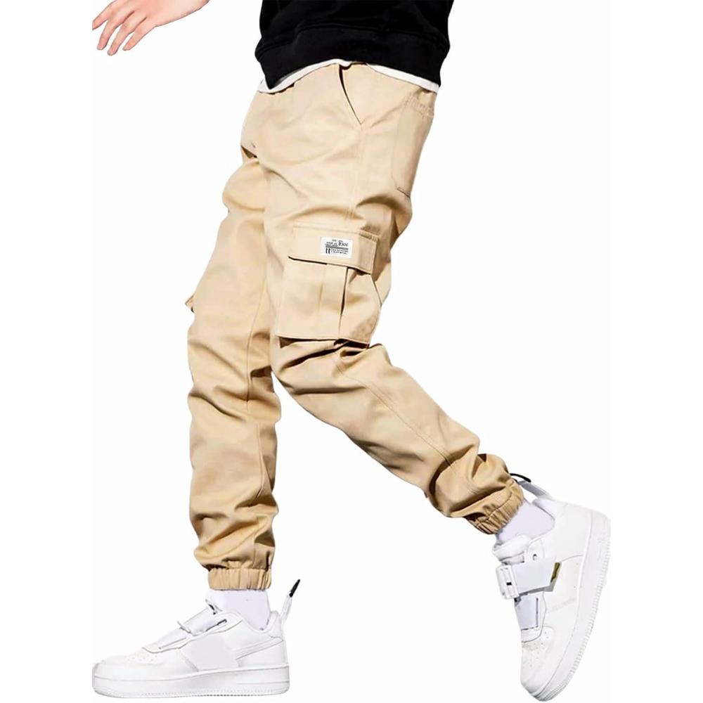imageJMIERR Mens Casual Cargo Pants Stretch Elastic Waist Drawstring Joggers Pants Tapered Sweatpants for Men Multi PocketsA2 Light Khaki