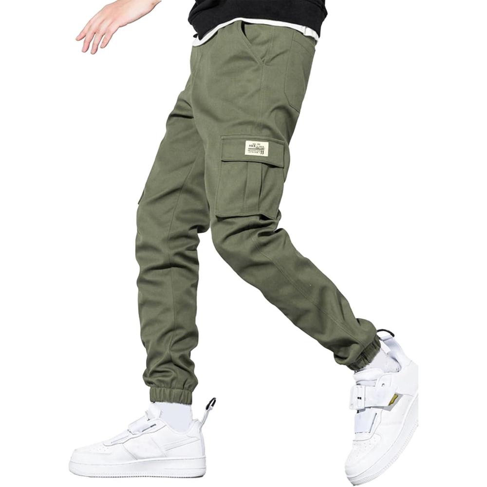 imageJMIERR Mens Casual Cargo Pants Stretch Elastic Waist Drawstring Joggers Pants Tapered Sweatpants for Men Multi PocketsArmy Green