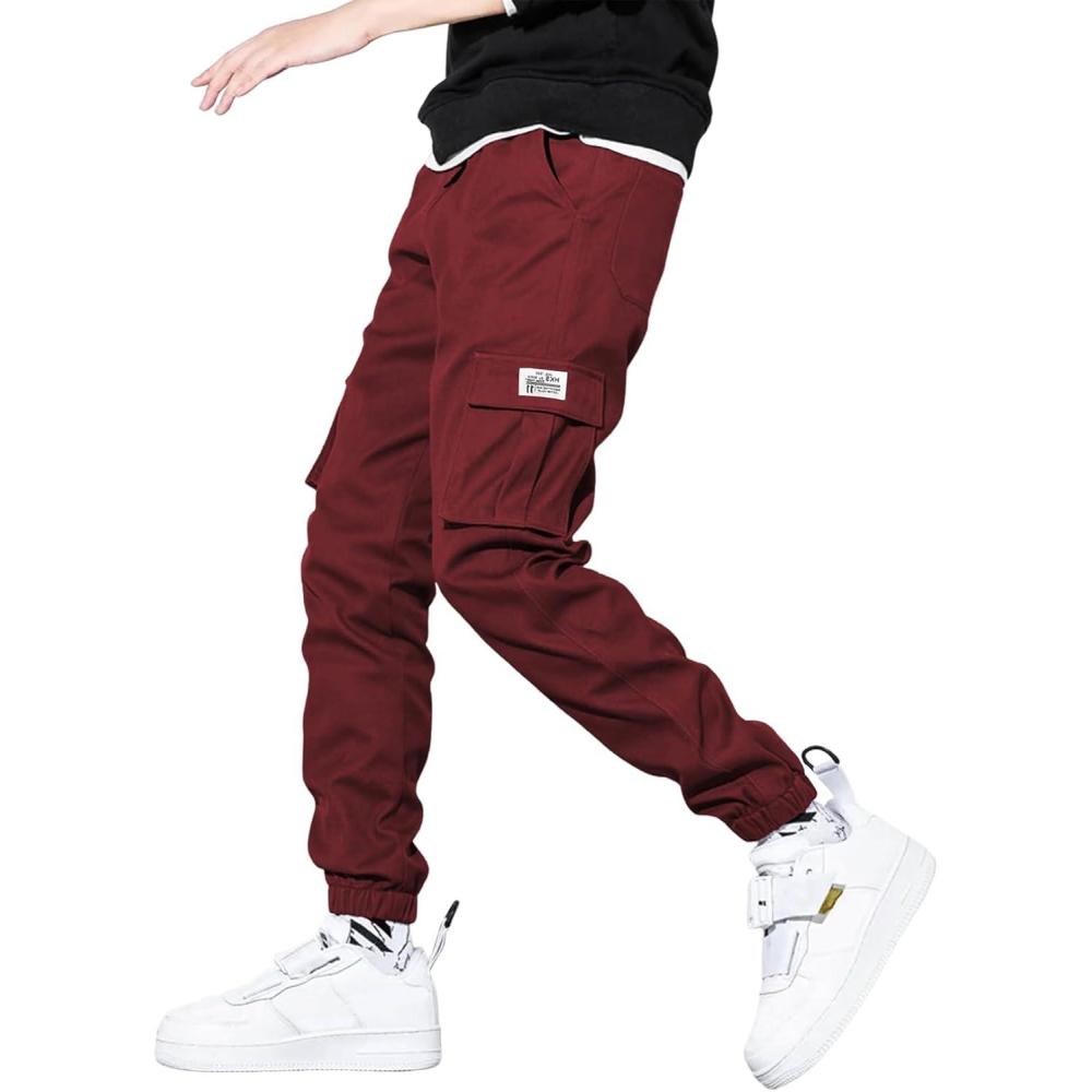 imageJMIERR Mens Casual Cargo Pants Stretch Elastic Waist Drawstring Joggers Pants Tapered Sweatpants for Men Multi PocketsBurgundy