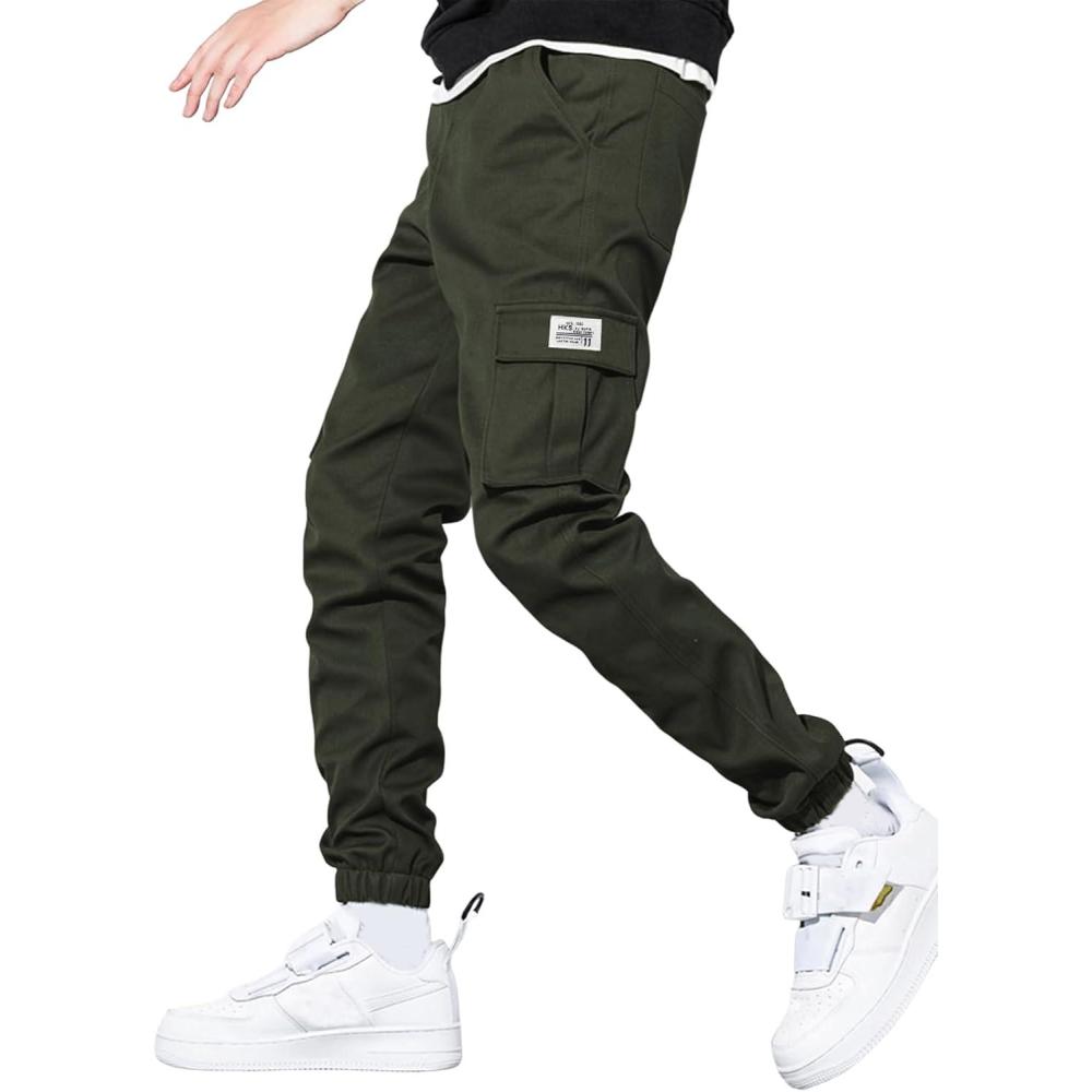 imageJMIERR Mens Casual Cargo Pants Stretch Elastic Waist Drawstring Joggers Pants Tapered Sweatpants for Men Multi PocketsDark Green