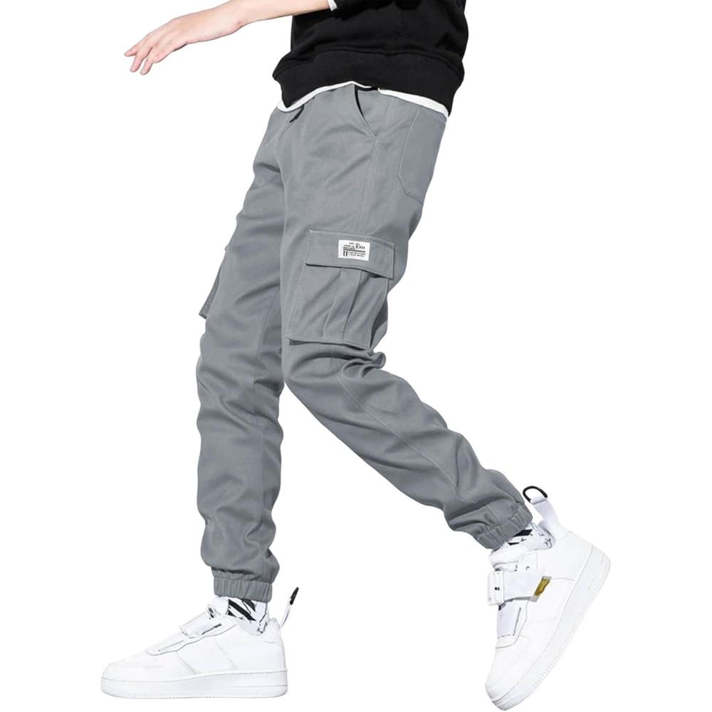 imageJMIERR Mens Casual Cargo Pants Stretch Elastic Waist Drawstring Joggers Pants Tapered Sweatpants for Men Multi PocketsLight Grey