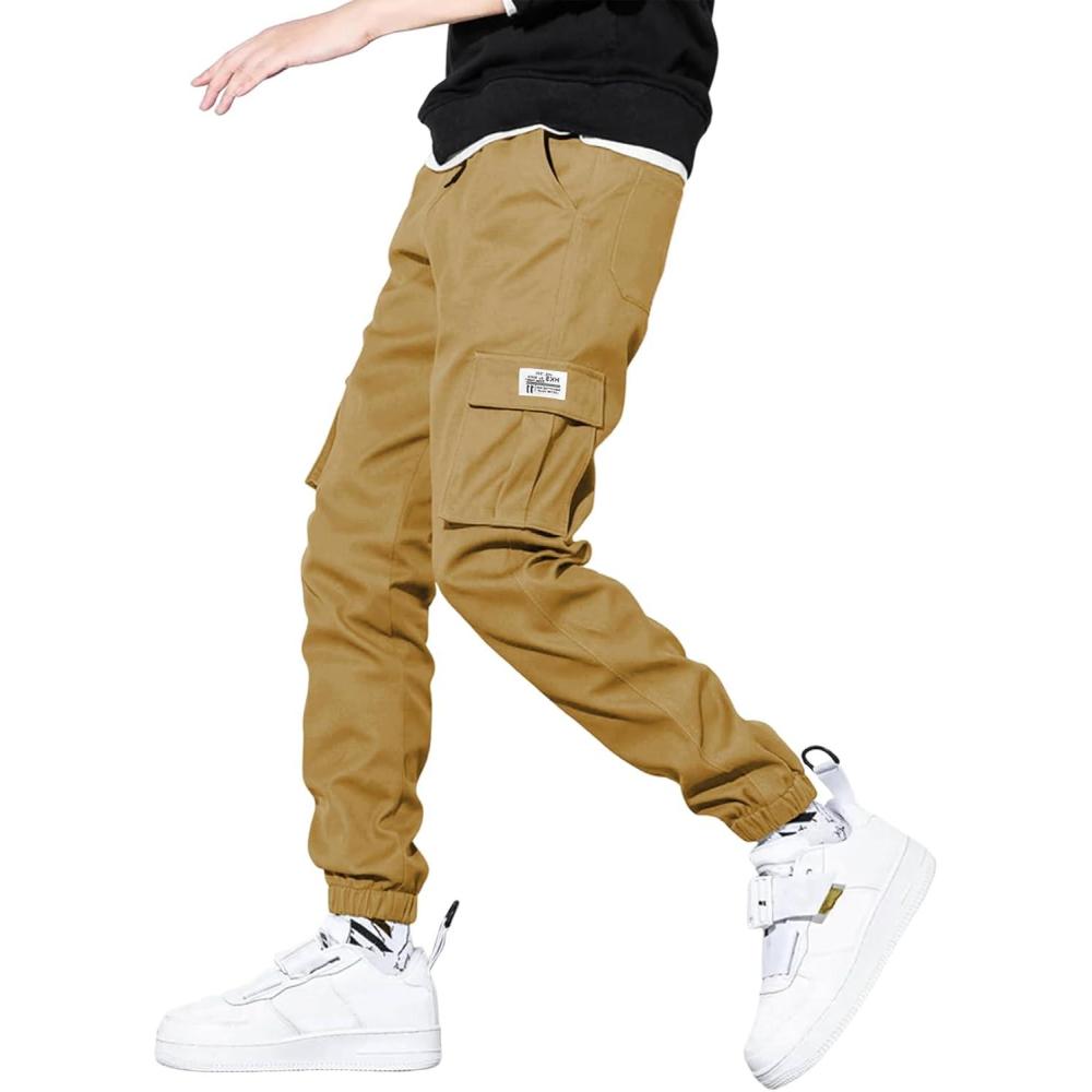 imageJMIERR Mens Casual Cargo Pants Stretch Elastic Waist Drawstring Joggers Pants Tapered Sweatpants for Men Multi PocketsLight Tan