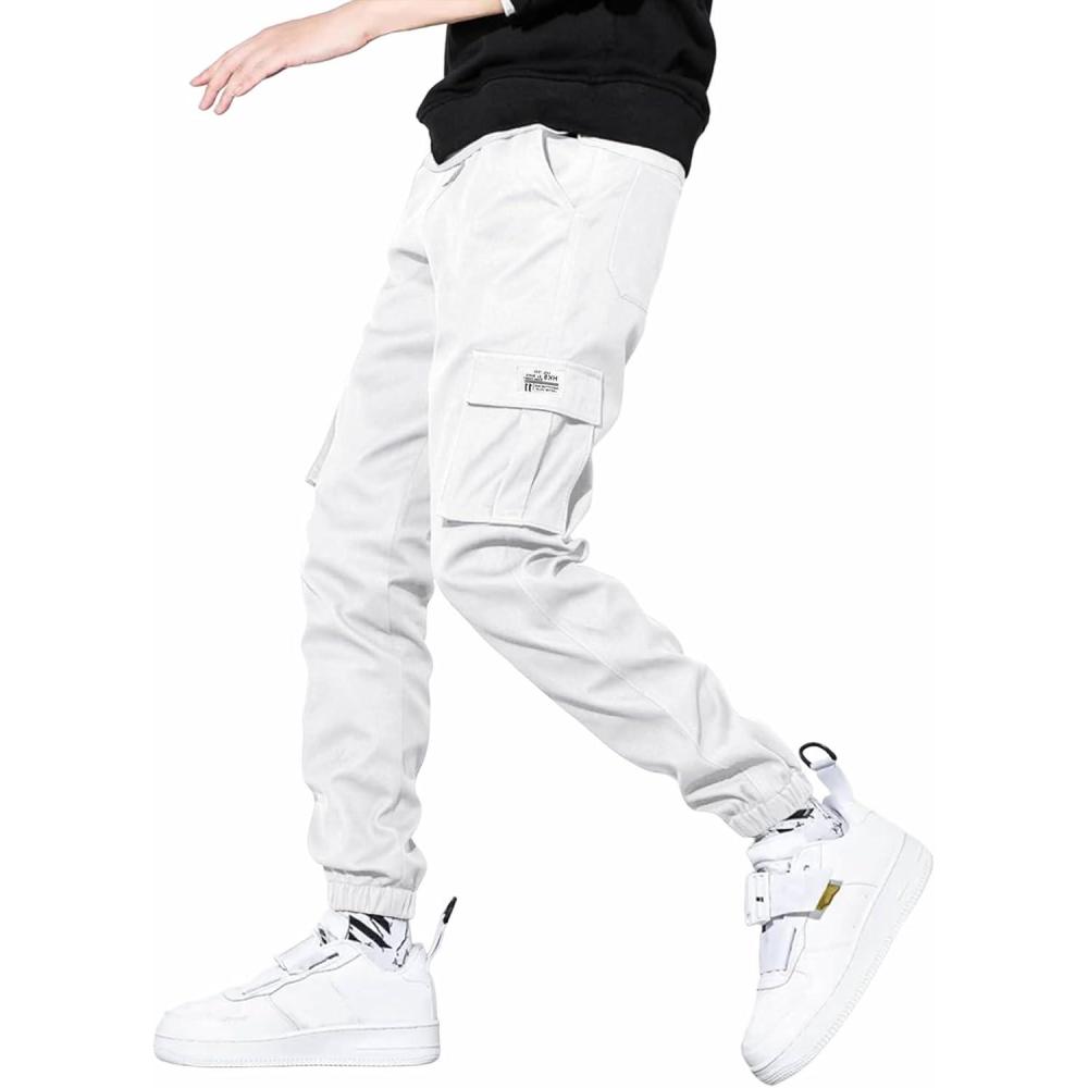 imageJMIERR Mens Casual Cargo Pants Stretch Elastic Waist Drawstring Joggers Pants Tapered Sweatpants for Men Multi PocketsWhite