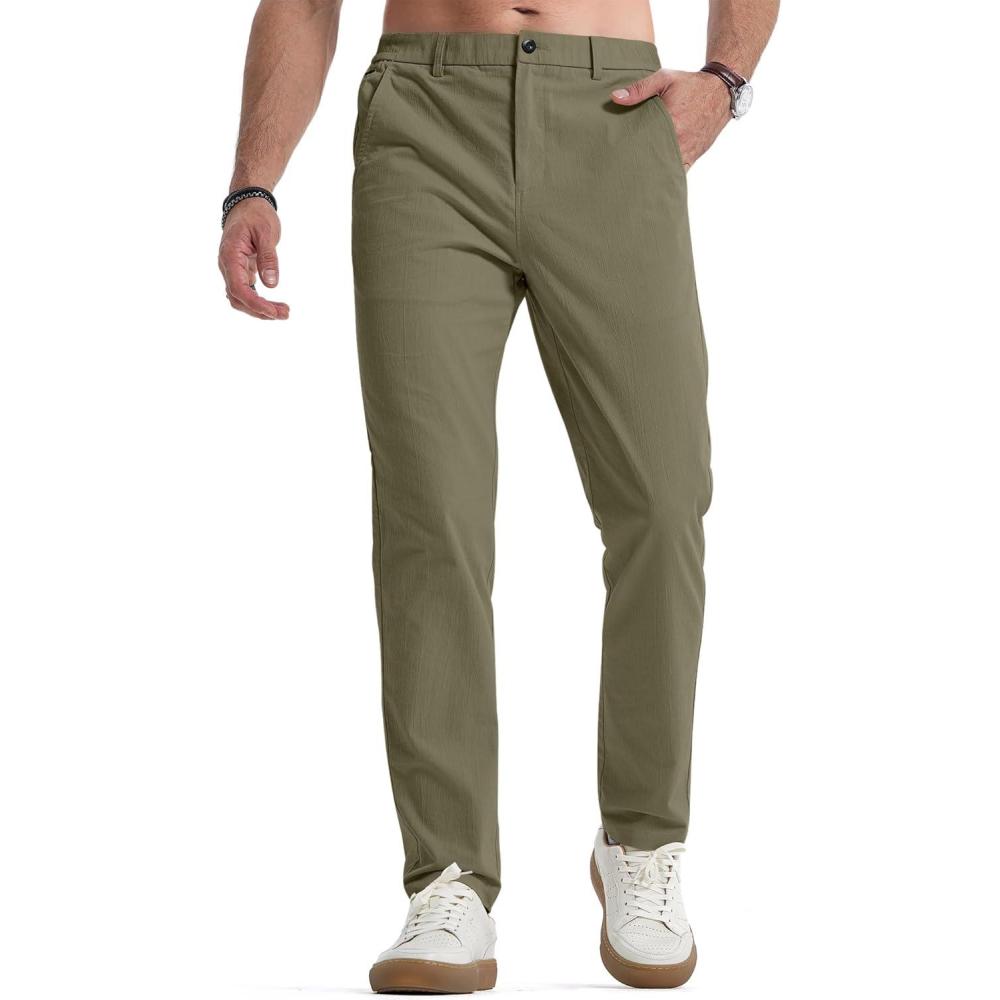 imageJMIERR Mens Casual Chino Pants Stretch Washed Crinkle 4 Way Textured Pants with Zipper Pockets and Elastic WaistbandGreen