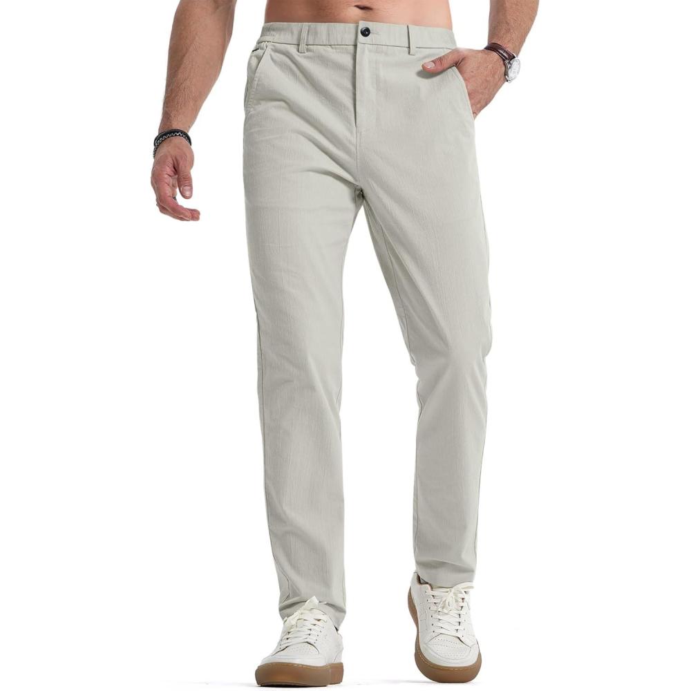 imageJMIERR Mens Casual Chino Pants Stretch Washed Crinkle 4 Way Textured Pants with Zipper Pockets and Elastic WaistbandLight Grey