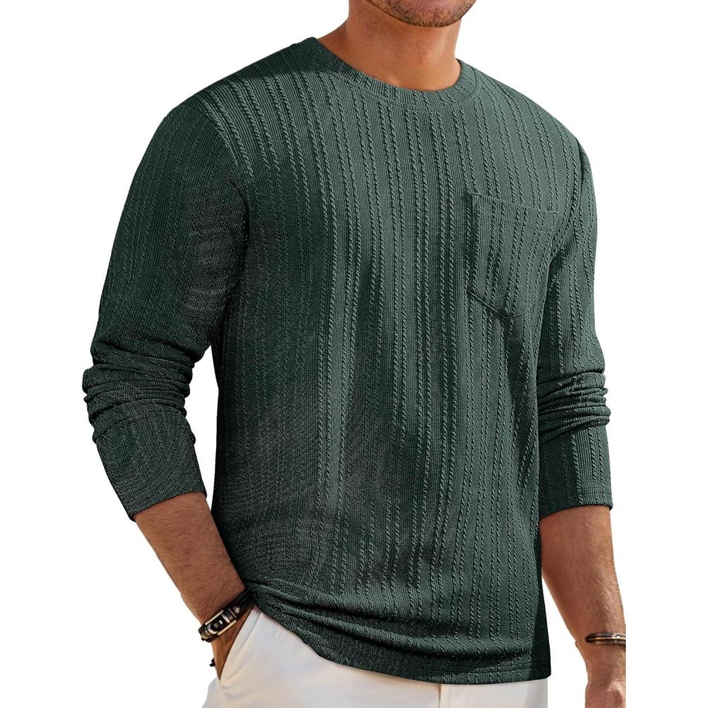 imageJMIERR Mens Casual Long Sleeve Lightweight TShirt Slim Fit Knit Crew Neck Stretch Ribbed Undershirts for Men12 Green