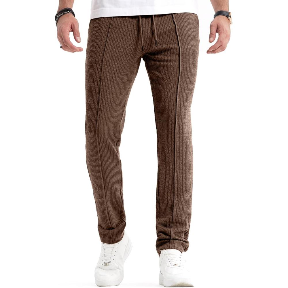 imageJMIERR Mens Casual Pants Lightweight Stretch Ribbed Knit Textured Drawstring Slim Fit Tapered Pants with PocketsDark Brown