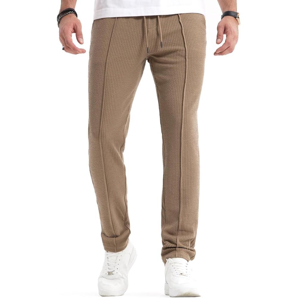 imageJMIERR Mens Casual Pants Lightweight Stretch Ribbed Knit Textured Drawstring Slim Fit Tapered Pants with PocketsLight Brown