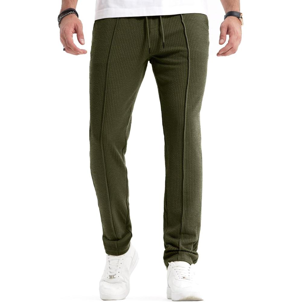 imageJMIERR Mens Casual Pants Lightweight Stretch Ribbed Knit Textured Drawstring Slim Fit Tapered Pants with PocketsMoss Green