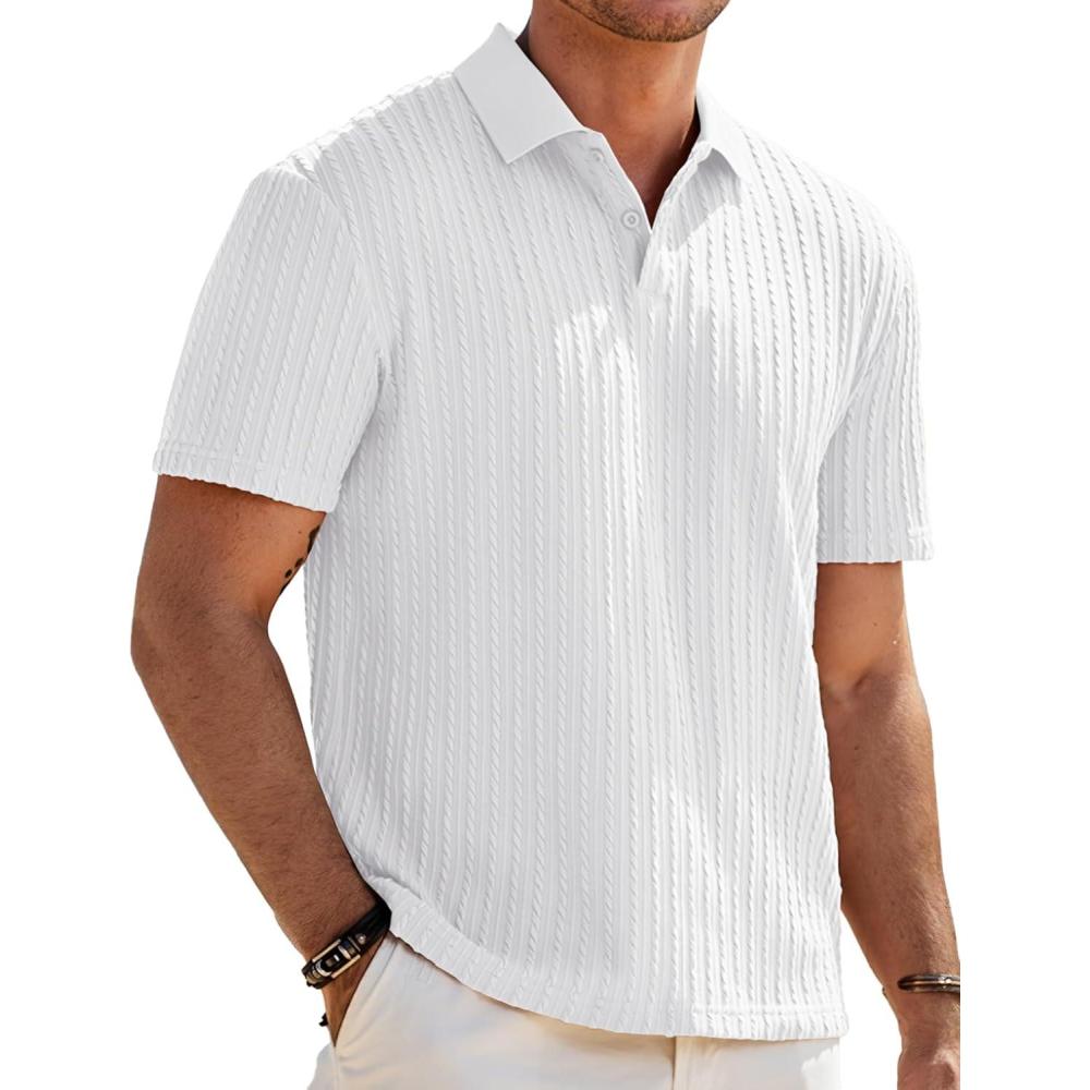 imageJMIERR Mens Casual Polo Shirt Summer Short Sleeve Vacation Button Beach Knit Stretchy Golf Shirts1 White