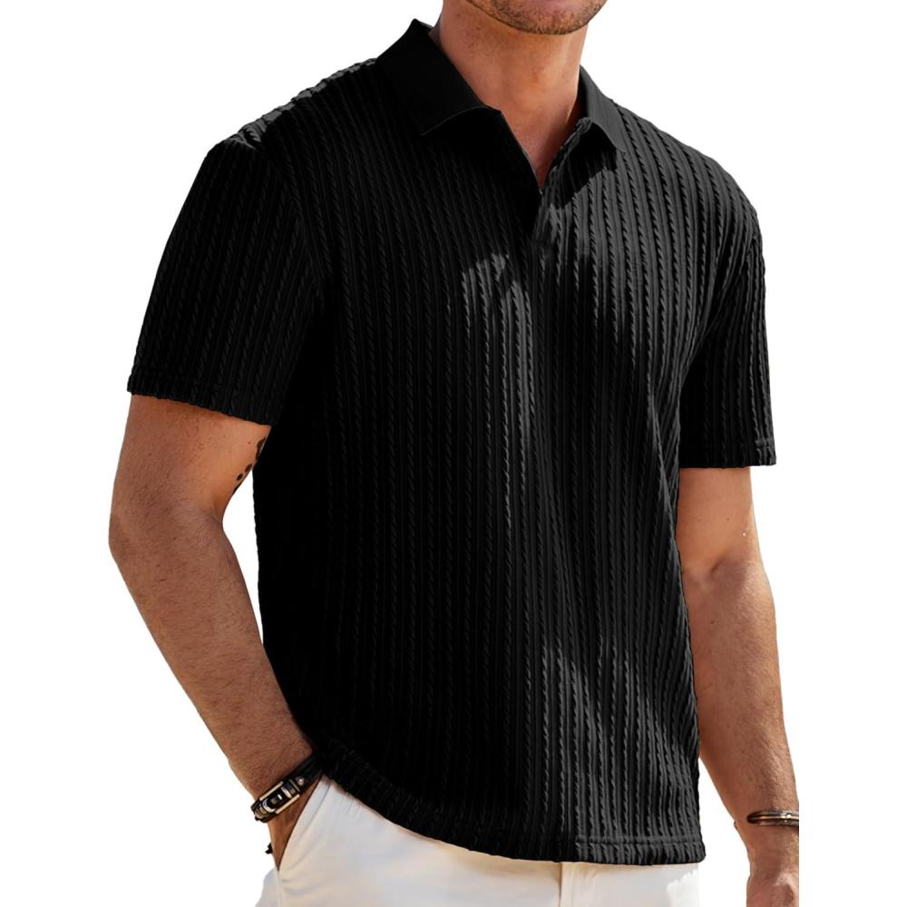 imageJMIERR Mens Casual Polo Shirt Summer Short Sleeve Vacation Button Beach Knit Stretchy Golf ShirtsA Black