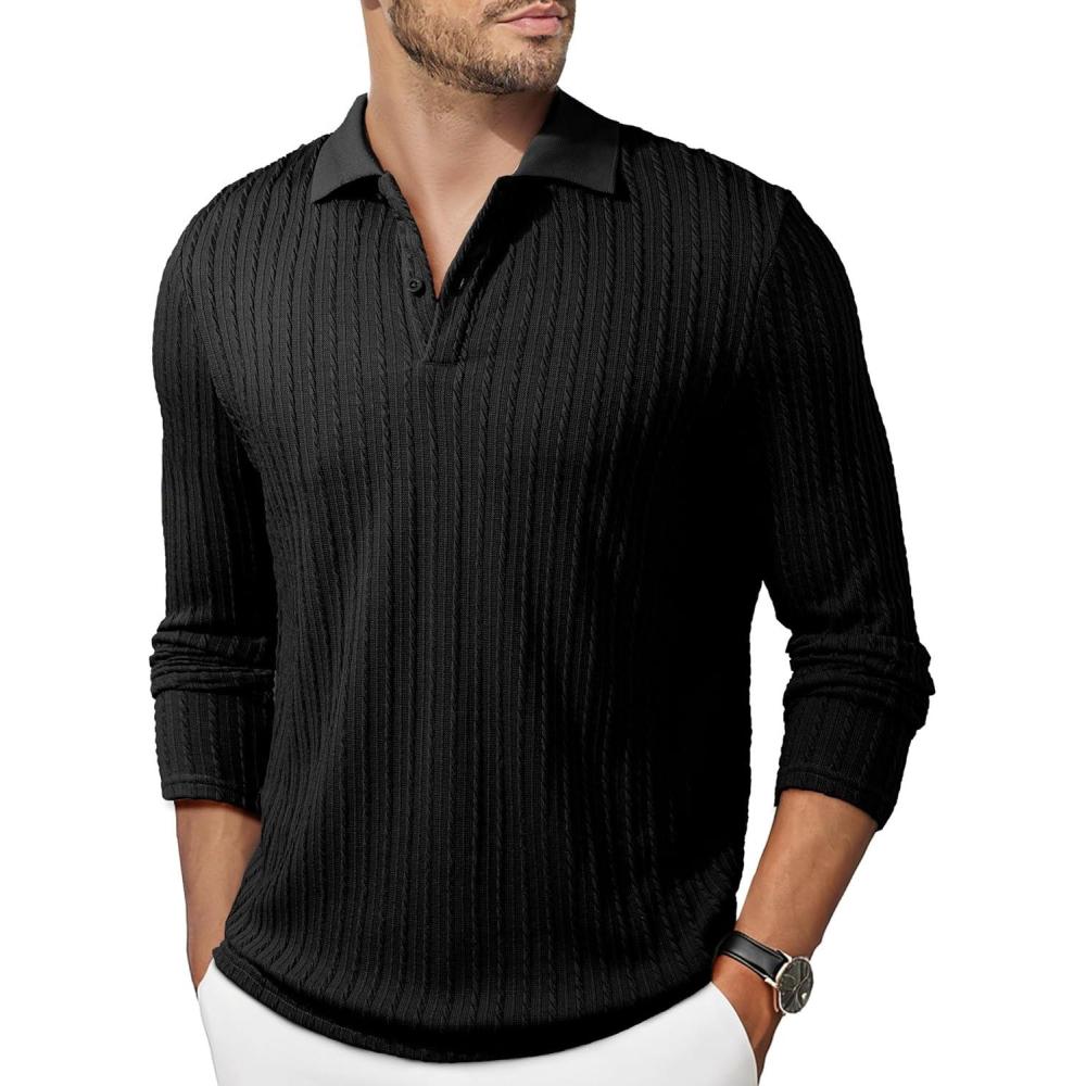 imageJMIERR Mens Casual Polo Shirt Summer Short Sleeve Vacation Button Beach Knit Stretchy Golf ShirtsLong Sleeve Black