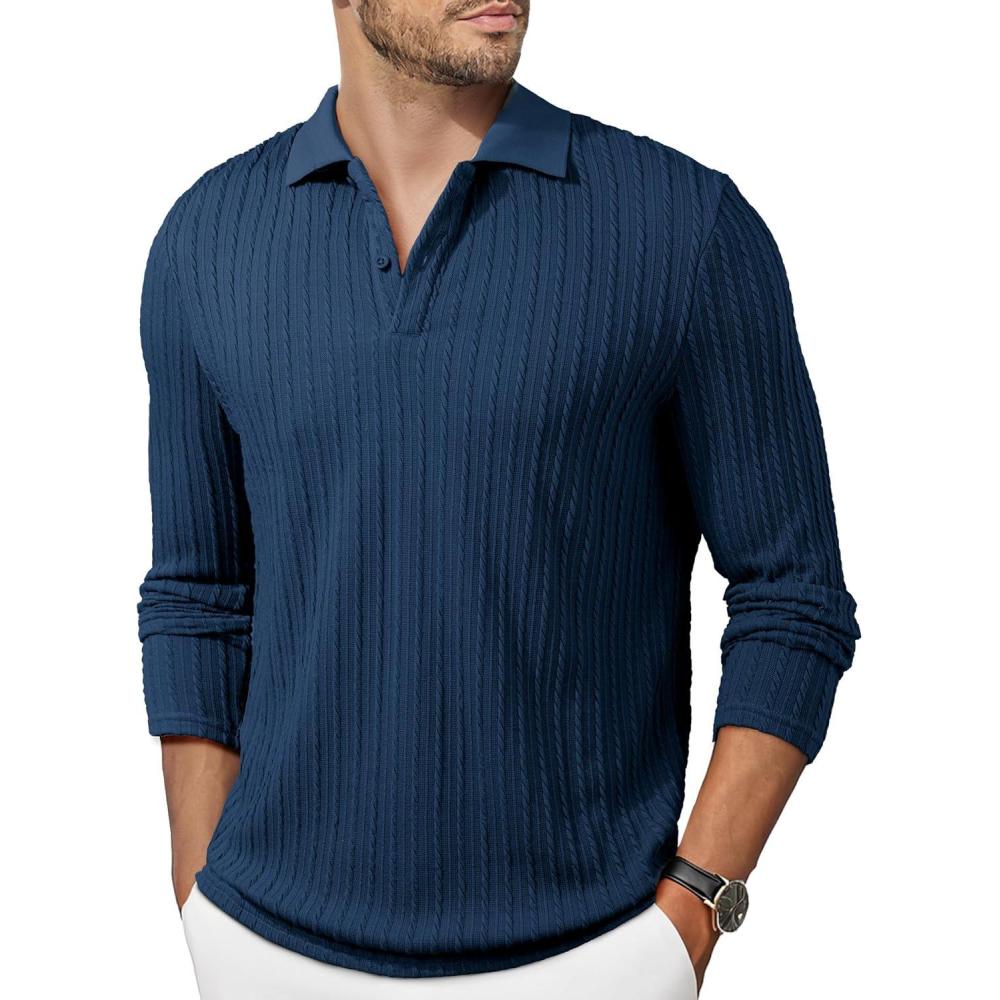 imageJMIERR Mens Casual Polo Shirt Summer Short Sleeve Vacation Button Beach Knit Stretchy Golf ShirtsLong Sleeve Blue 2