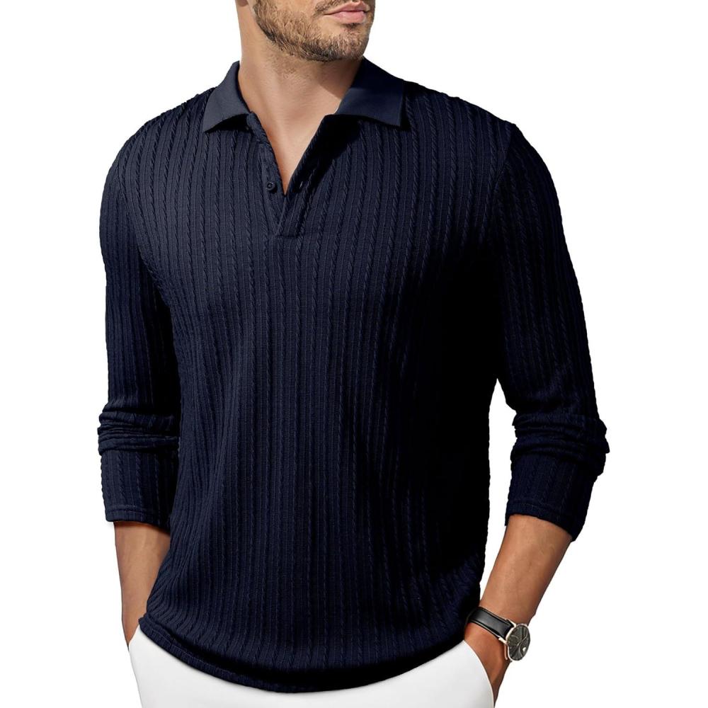 imageJMIERR Mens Casual Polo Shirt Summer Short Sleeve Vacation Button Beach Knit Stretchy Golf ShirtsLong Sleeve Blue
