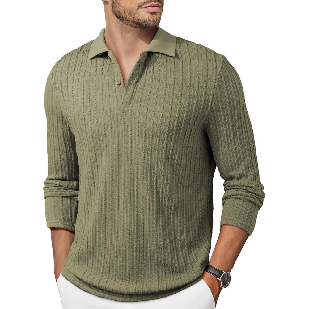 imageJMIERR Mens Casual Polo Shirt Summer Short Sleeve Vacation Button Beach Knit Stretchy Golf ShirtsLong Sleeve Green