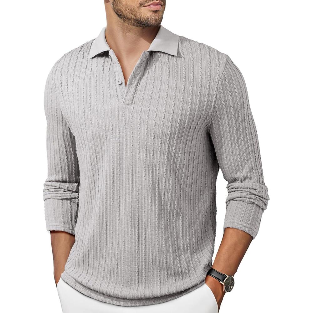 imageJMIERR Mens Casual Polo Shirt Summer Short Sleeve Vacation Button Beach Knit Stretchy Golf ShirtsLong Sleeve Grey