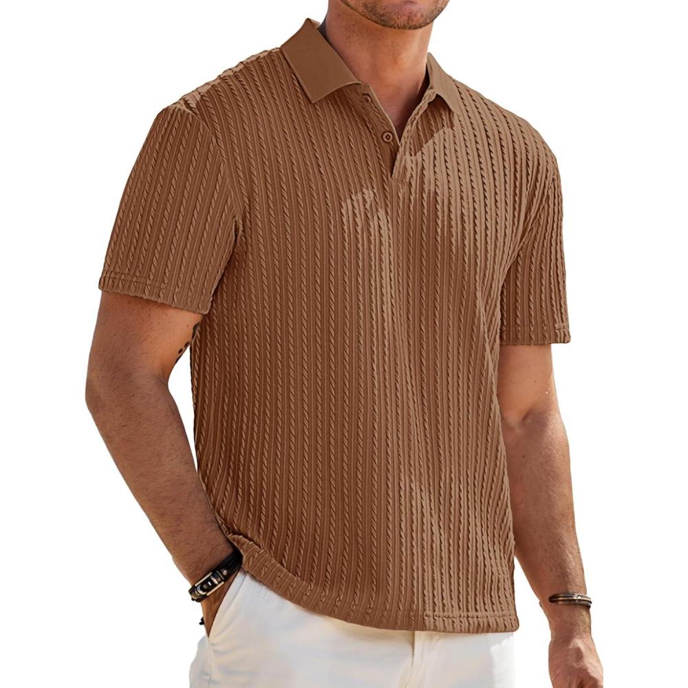 imageJMIERR Mens Casual Polo Shirt Summer Short Sleeve Vacation Button Beach Knit Stretchy Golf ShirtsP Brown