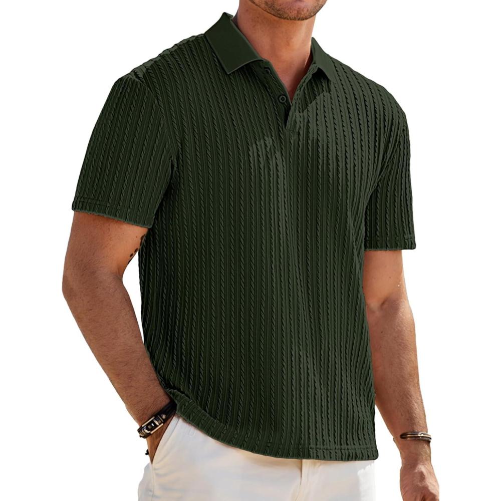 imageJMIERR Mens Casual Polo Shirt Summer Short Sleeve Vacation Button Beach Knit Stretchy Golf ShirtsP Dark Green