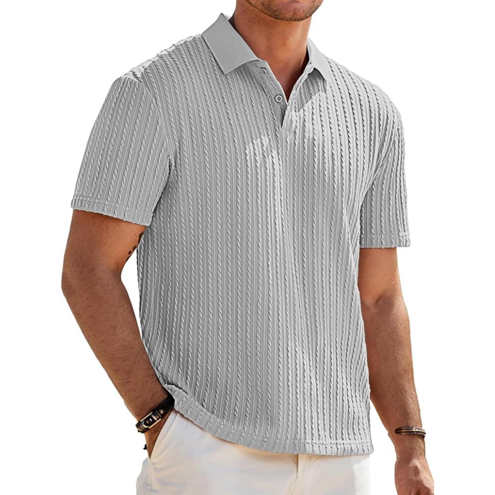 imageJMIERR Mens Casual Polo Shirt Summer Short Sleeve Vacation Button Beach Knit Stretchy Golf ShirtsP Grey 2