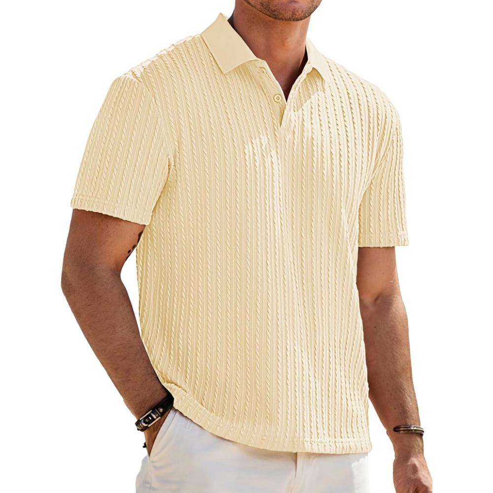 imageJMIERR Mens Casual Polo Shirt Summer Short Sleeve Vacation Button Beach Knit Stretchy Golf ShirtsP Yellow