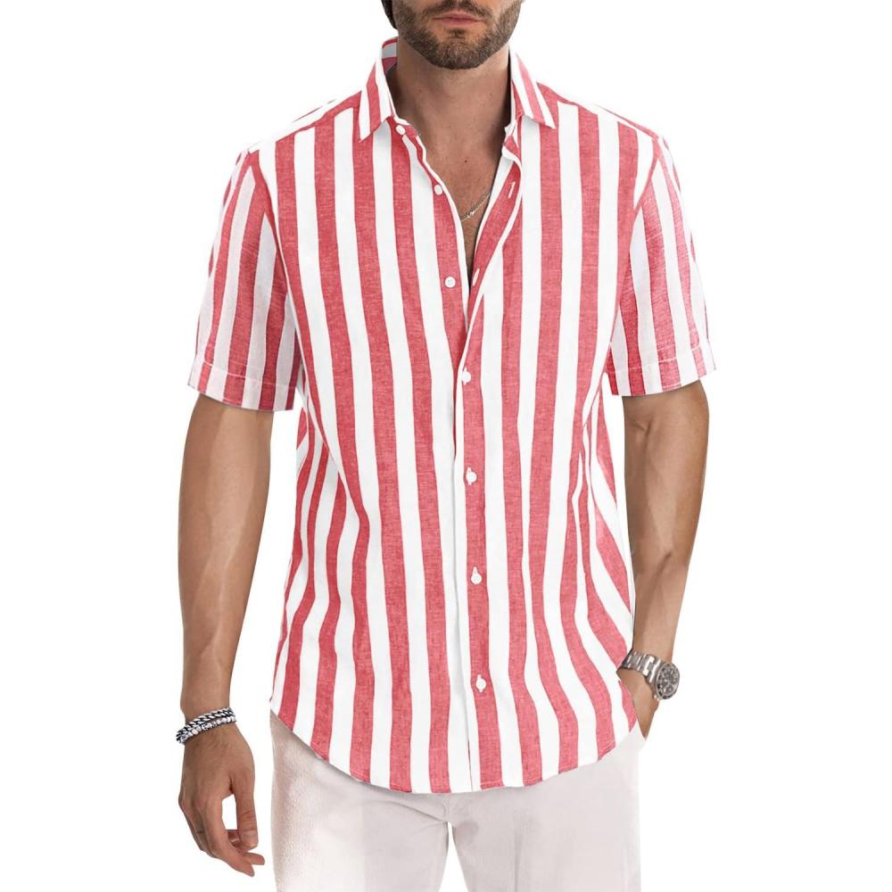 imageJMIERR Mens Casual Stylish Short Sleeve ButtonUp Striped Dress Shirts Cotton Beach ShirtA Red